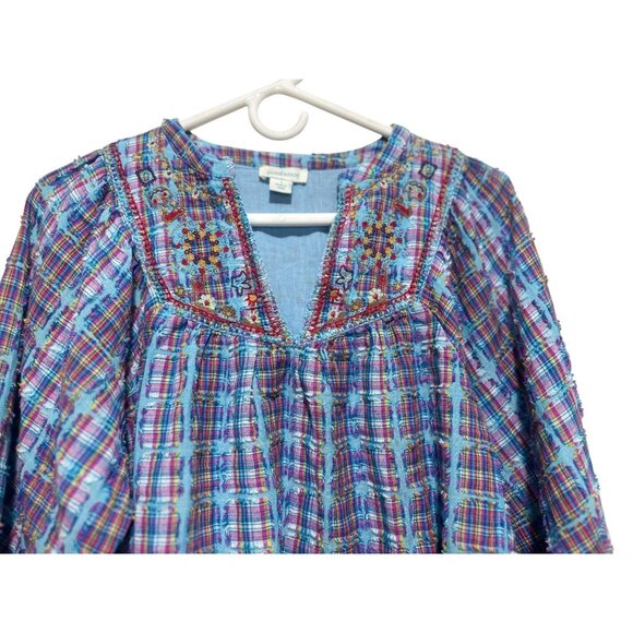 Sundance Peasant Embroidered Top Women Small Blue Plaid Puff Sleeves Boho Dainty - Picture 8 of 16